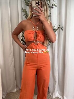Orange Ring-Detail Cutout Halter Jumpsuit